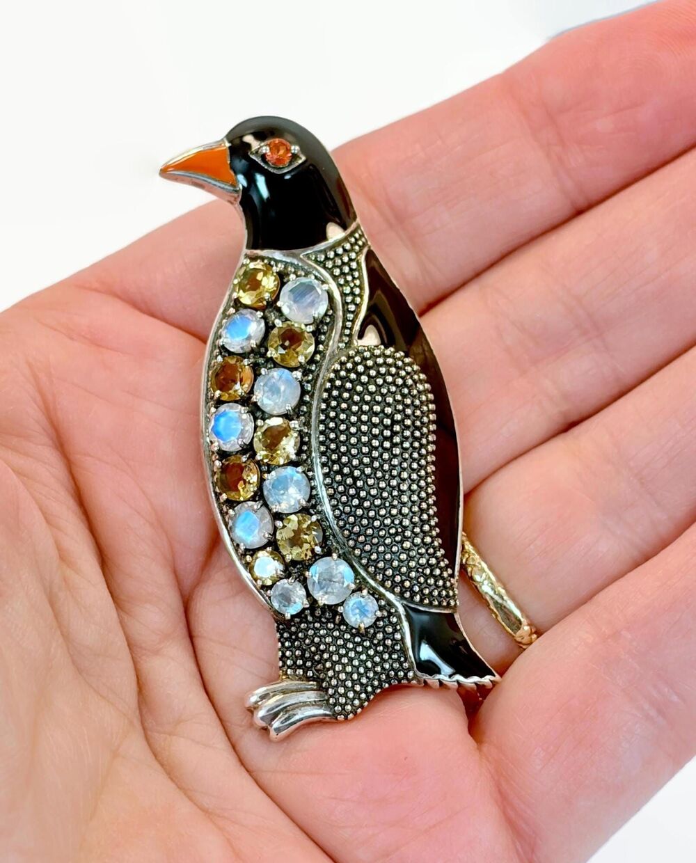 Nicky Butler Sterling Silver RARE Multi-Stone Penguin Brooch Pendant Moonstone